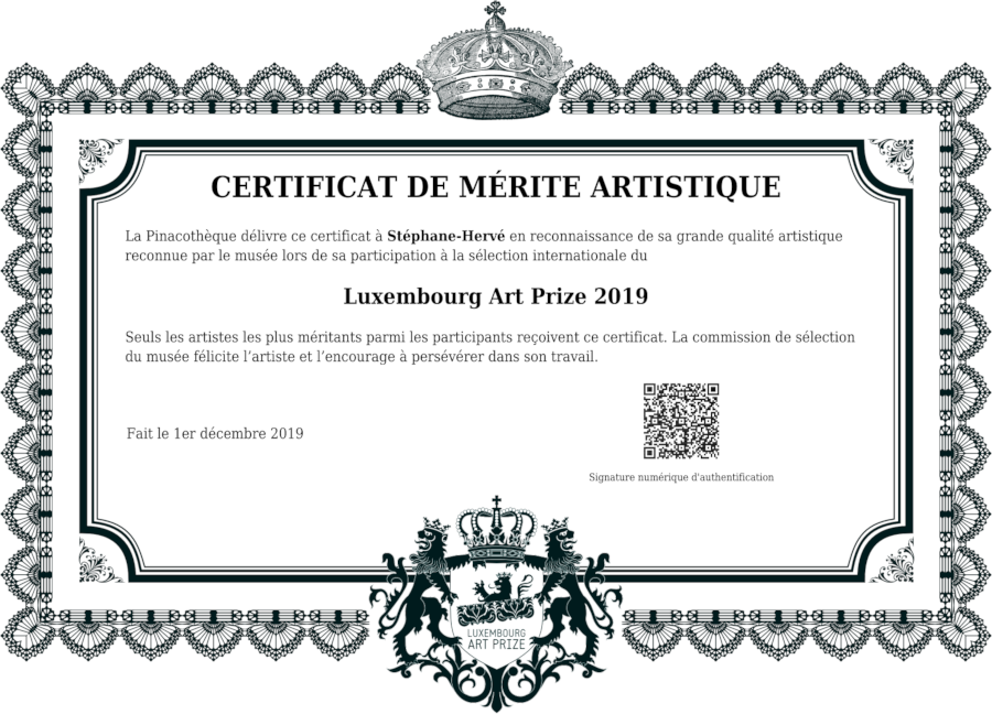 Image du Certificat de m&eacute;rite artistique 2019 du mus&eacute;e du Luxembourg